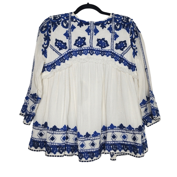 ZARA Ecru & Blue Embroidered Swing Jacket Open Front – Size Small - Picture 4 of 5